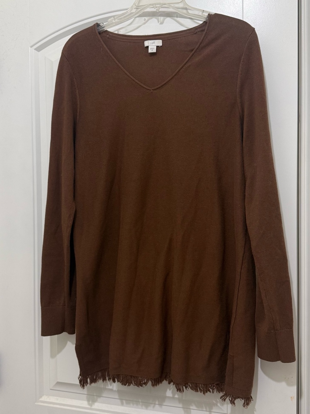 J. Jill Dark Chocolate Brown V-Neck Frayed Hem Long Sleeve Sweater Knit Top XS